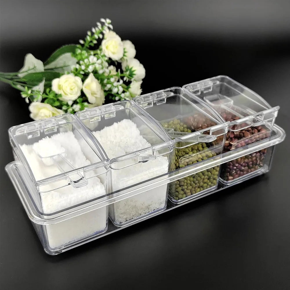 Transparent 4 Grid Spice Box With Spoon