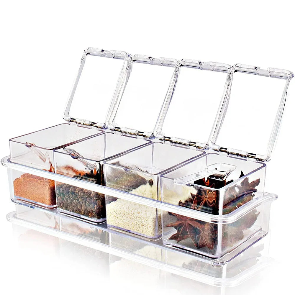 Transparent 4 Grid Spice Box With Spoon