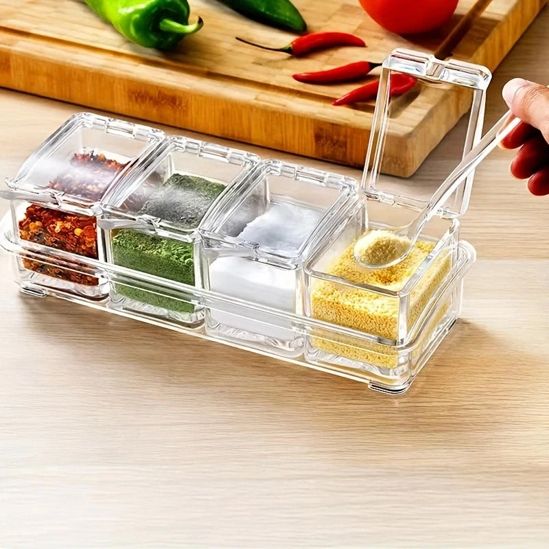 Transparent 4 Grid Spice Box With Spoon