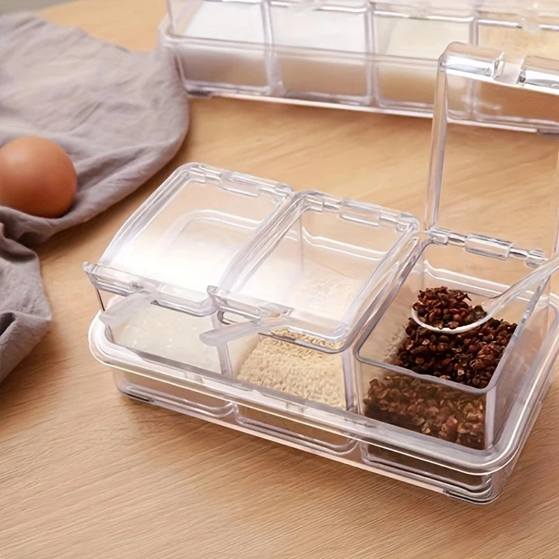 Transparent 4 Grid Spice Box With Spoon