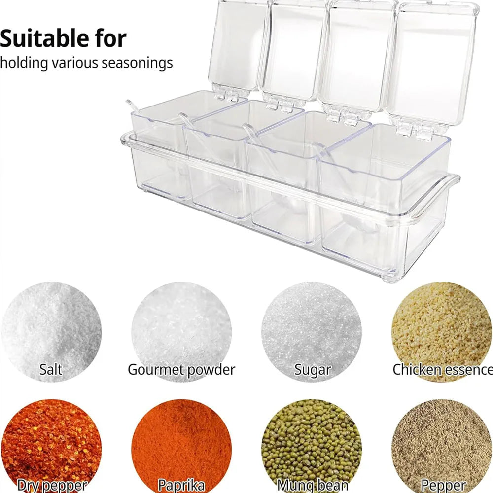 Transparent 4 Grid Spice Box With Spoon