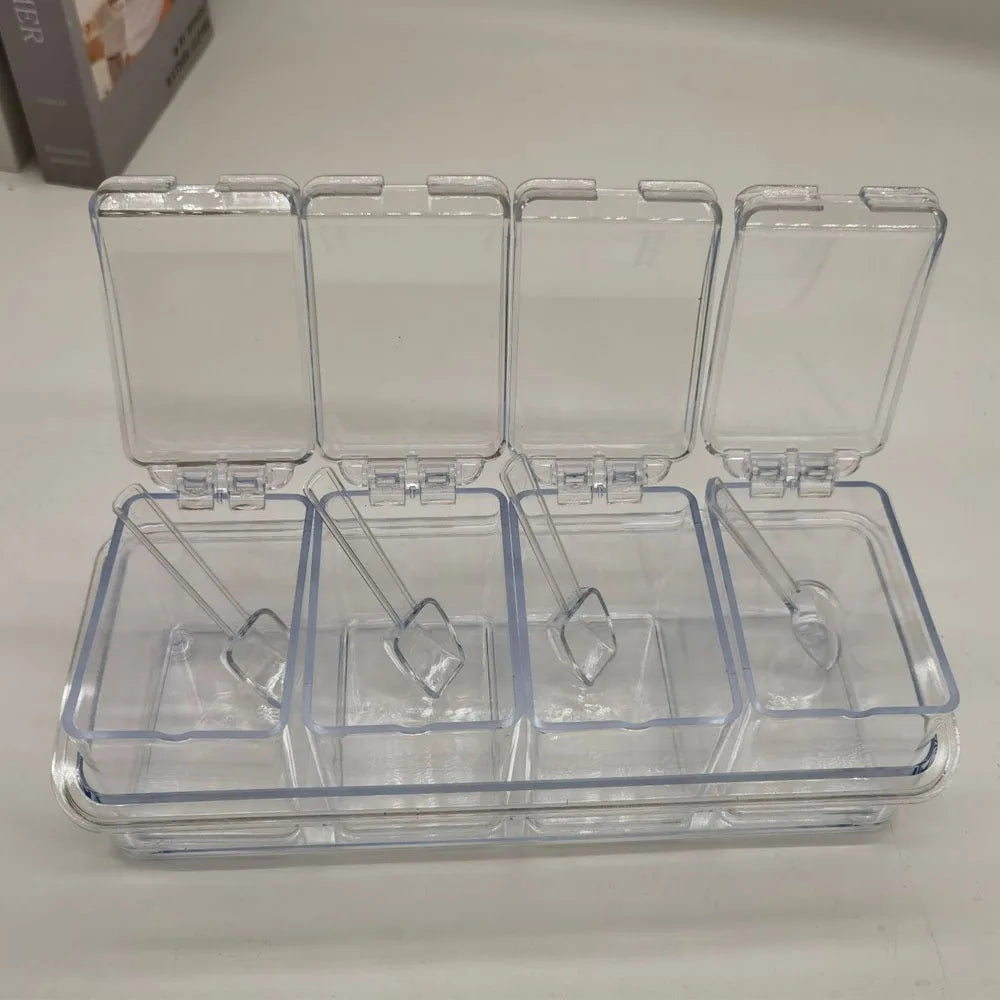 Transparent 4 Grid Spice Box With Spoon