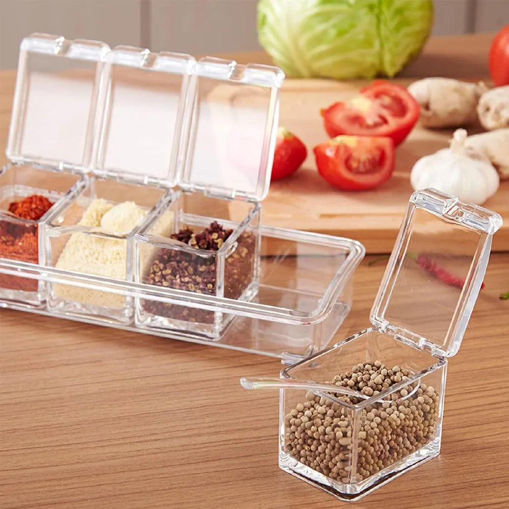 Transparent 4 Grid Spice Box With Spoon