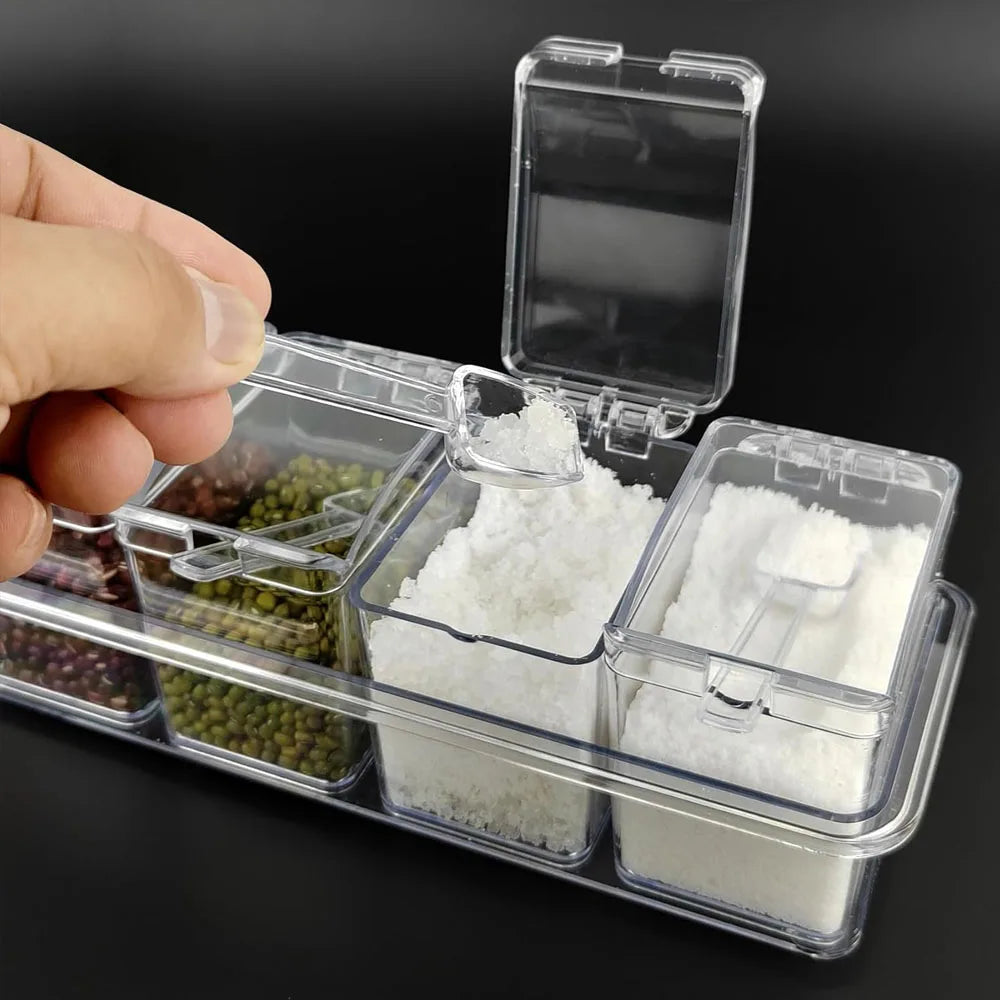 Transparent 4 Grid Spice Box With Spoon