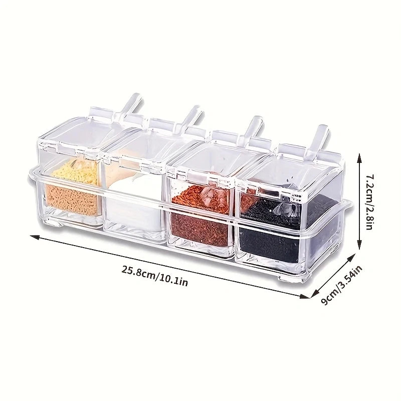 Transparent 4 Grid Spice Box With Spoon