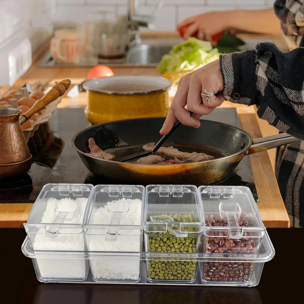 Transparent 4 Grid Spice Box With Spoon