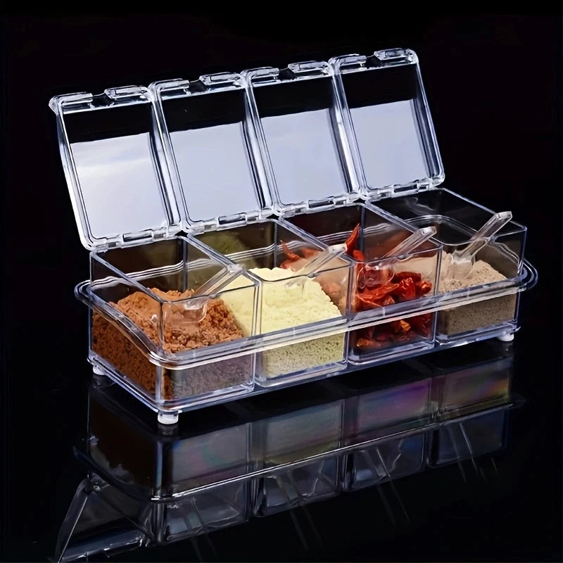 Transparent 4 Grid Spice Box With Spoon