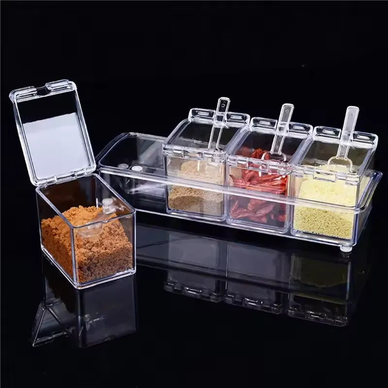 Transparent 4 Grid Spice Box With Spoon