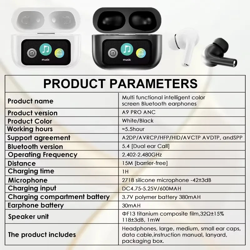 A9 Pro App Supported ANC/ENC Touch Display Wireless Earbuds